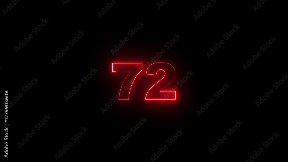 Aufkleber neon glowing text 72 number countdown icon on black background 4k animation. neon number 72 with alp