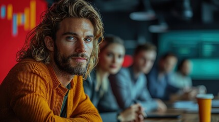 Focused businessman, team meeting, office, charts