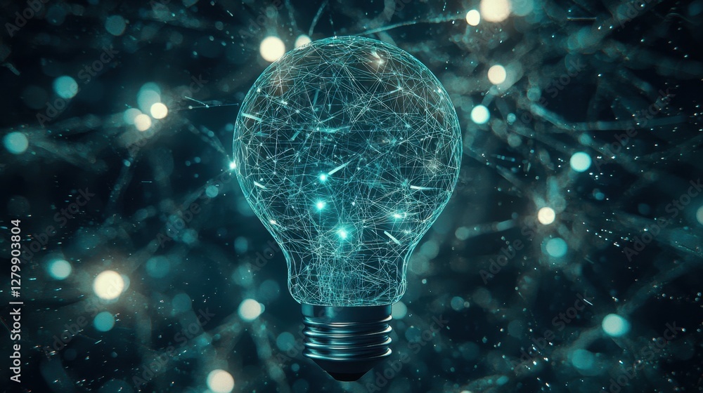 Aufkleber a light bulb filled with network connections and business data floating in a dark background, symbol
