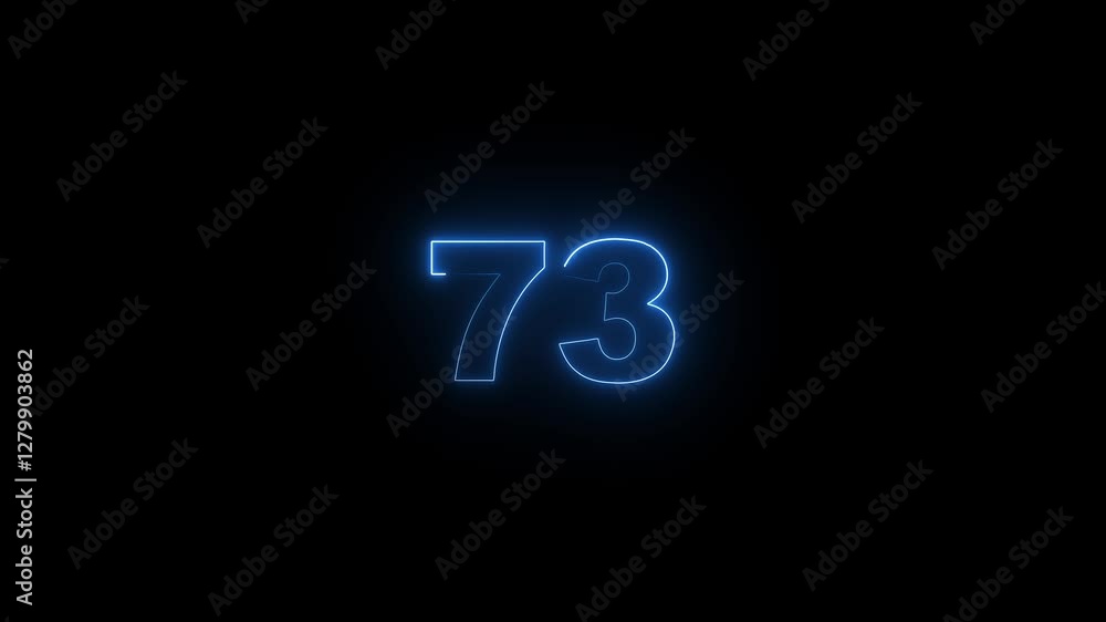Poster neon glowing text 73 number countdown icon on black background 4k animation. neon number 73 with alp
