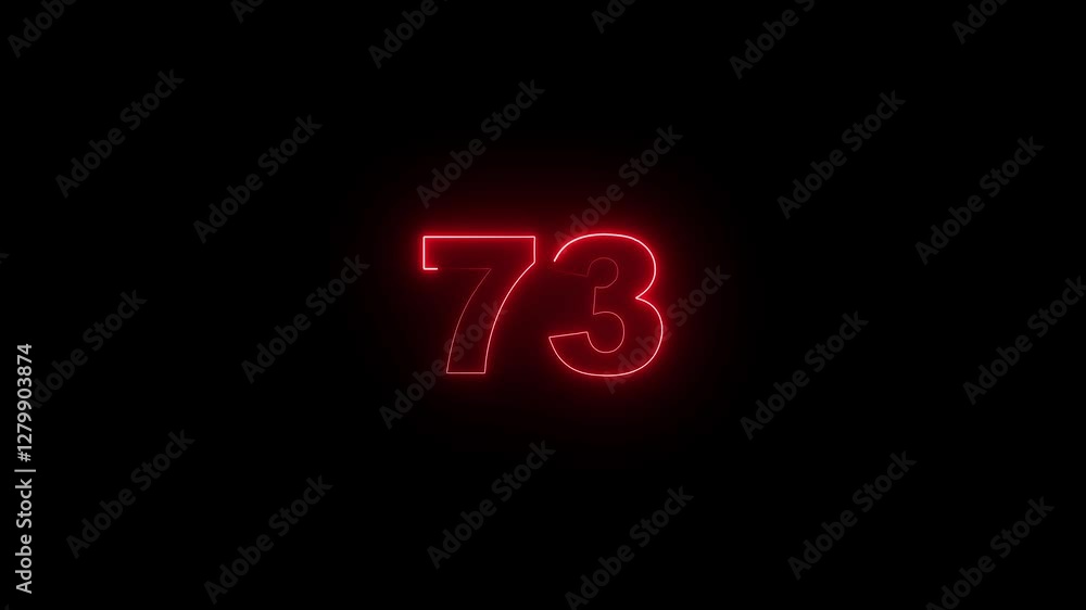 Poster neon glowing text 73 number countdown icon on black background 4k animation. neon number 73 with alp