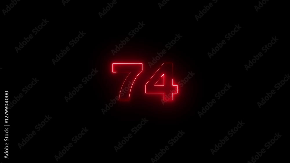 Poster neon glowing text 74 number countdown icon on black background 4k animation. neon number 74 with alp