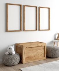 Empty Wooden Frames and Plush Toys in a Calm Nursery Setting