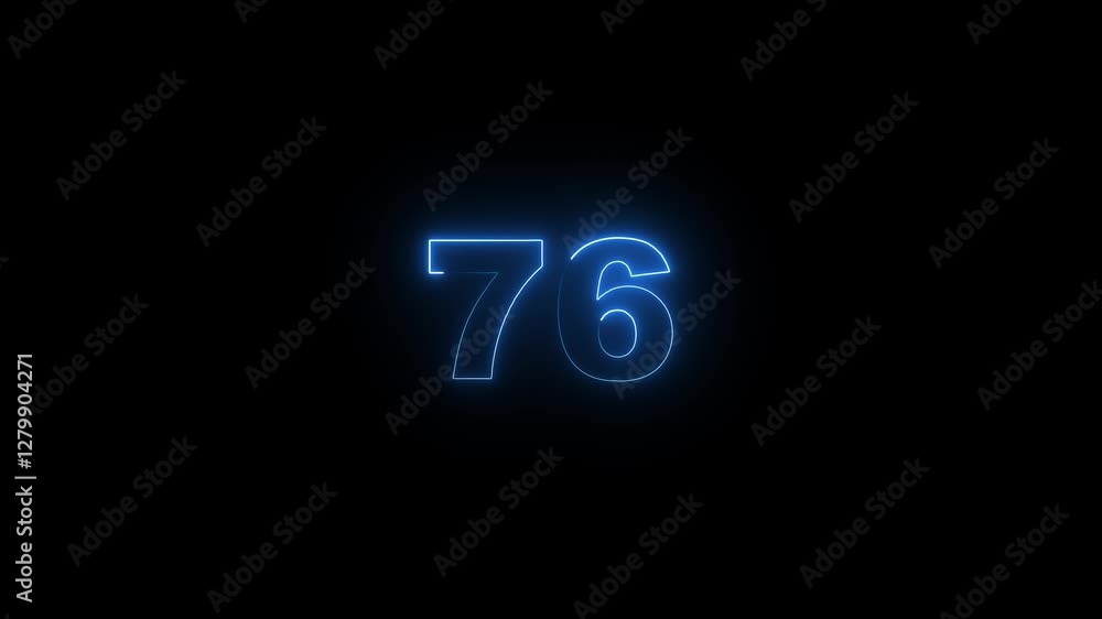 Poster neon glowing text 76 number countdown icon on black background 4k animation. neon number 76 with alp