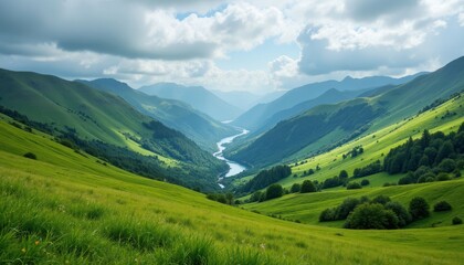 Naklejka premium Lush green mountains with winding river and cloudy sky