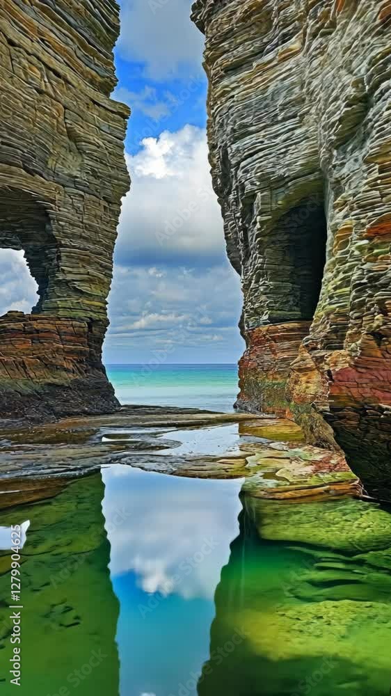 Poster exploring the unique rock formations and serene waters at a coastal location on a cloudy day