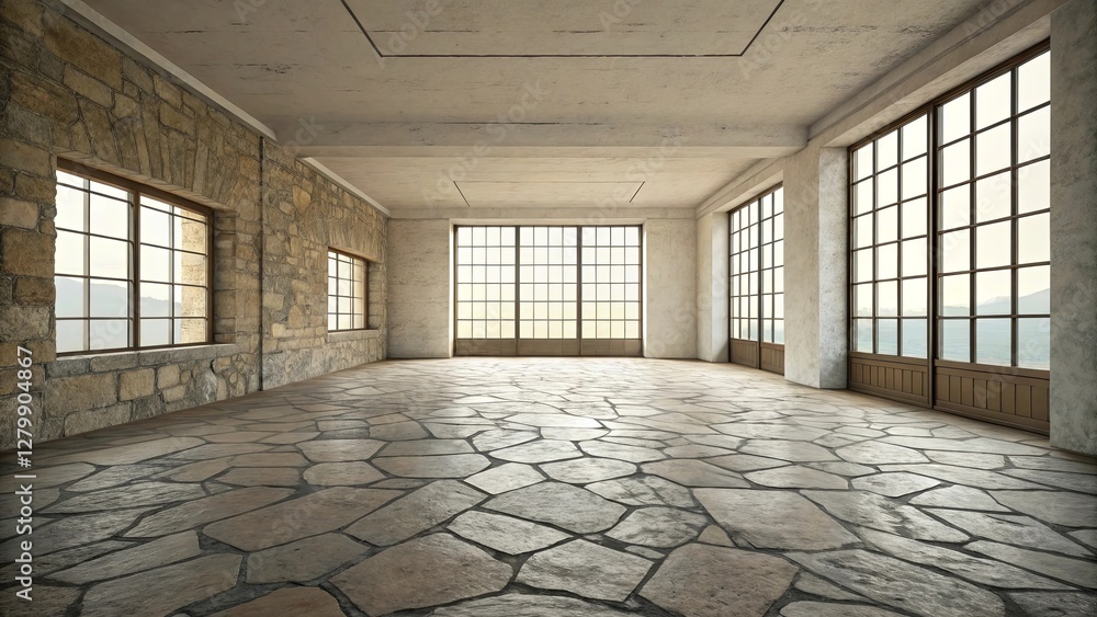 Poster a large room with a stone floor and a lot of windows