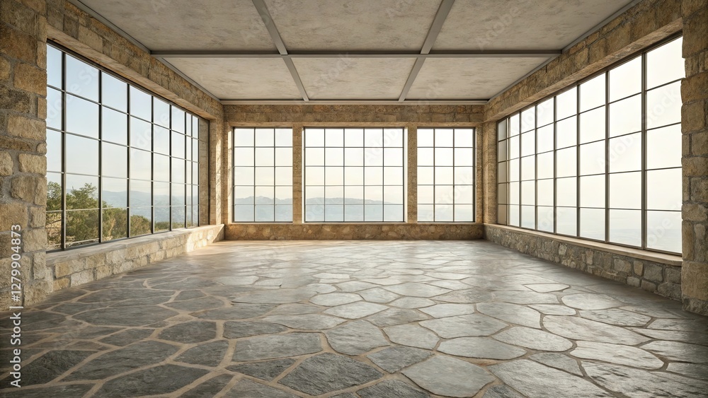 Poster a large room with a stone floor and a view of the ocean