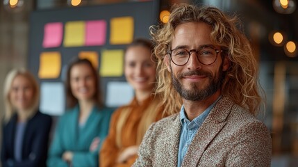 Smiling businessman standing with team in a modern office setting