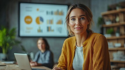 Confident businesswoman office meeting charts background