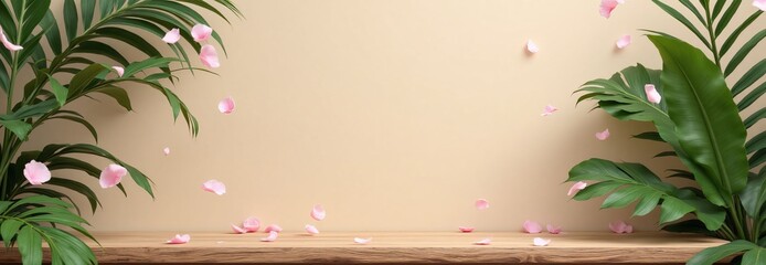 Minimalist backdrop with pink petals and wooden surface