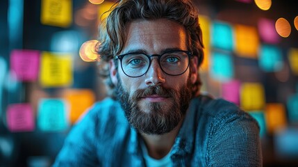 Focused man, office, sticky notes, brainstorming, project