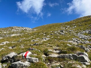 Mountaineering signposts and markings on the slopes of the Melchtal alpine valley and in the Uri Alps mountain massif, Kerns - Canton of Obwalden, Switzerland (Kanton Obwald, Schweiz)