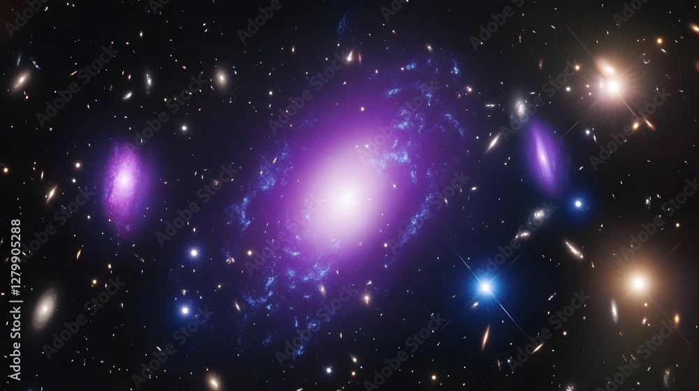 Poster a vibrant deep space image showcasing a cluster of galaxies in various colors and brightnesses, set 