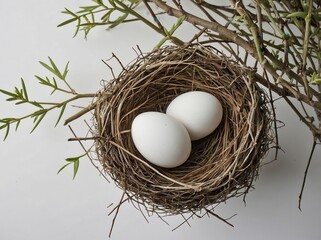 A small, handcrafted nest sits perfectly centered on a plain white background.
