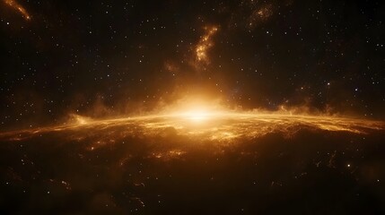 Fototapeta premium Golden sunrise over an alien planet. Stars and nebulae fill the dark space above. A breathtaking cosmic scene of celestial beauty and wonder.