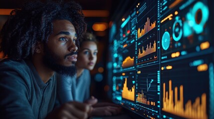 Data analysts review charts, night office