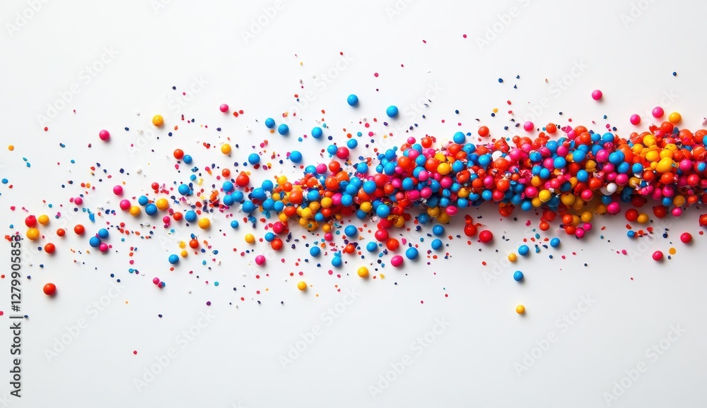 Poster colorful beads and confetti scattered across a white background creating a vibrant and playful textu