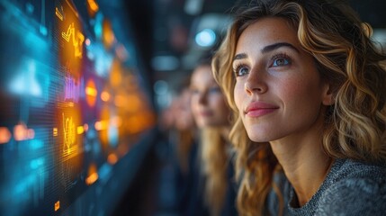 Women analyzing data screen, futuristic office, teamwork, technology