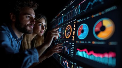 Data analysts review charts, graphs, dark room, night