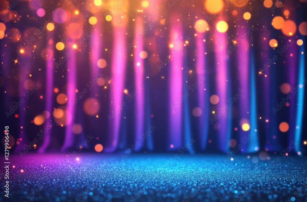 Poster colorful bokeh background with sparkling lights and soft curtain for creative design and festive cel