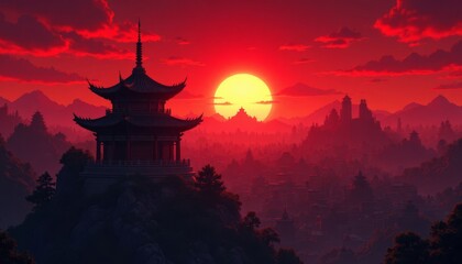 Fototapeta premium Pagoda Silhouette Overlooking Oriental City at Sunset