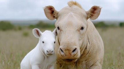 Obraz premium White rhino calf with mother, African savanna, wildlife conservation