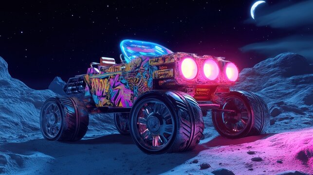 Neon Retro-Futuristic Buggy on Alien Planet