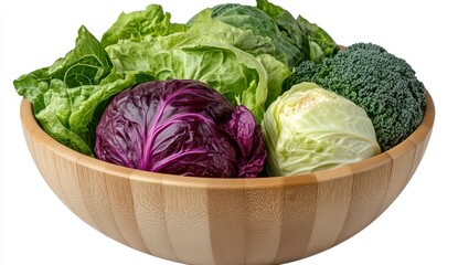 Fototapeta premium Fresh Vegetables in Wooden Bowl Green Lettuce, Purple and Green