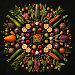 Colorful Mandala of Fresh Vegetables and Fruits on Black Background, Artistic Arrangement of Organic Produce