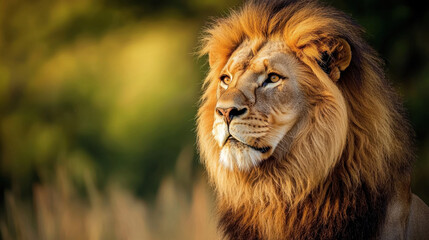 Fototapeta premium Majestic lion portrait showcasing powerful wildlife features and vibrant mane. lion intense gaze reflects strength and beauty in its natural habitat