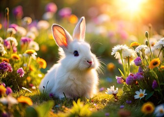 Whimsical rabbit nestled in a dreamy floral garden, a spring fairytale.