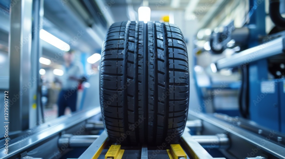 Leinwandbilder A vehicle tire rolls along a conveyor belt in a sleek factory setting, where it undergoes quality checks as part of the tire manufacturing process involving advanced technology and skilled workers.