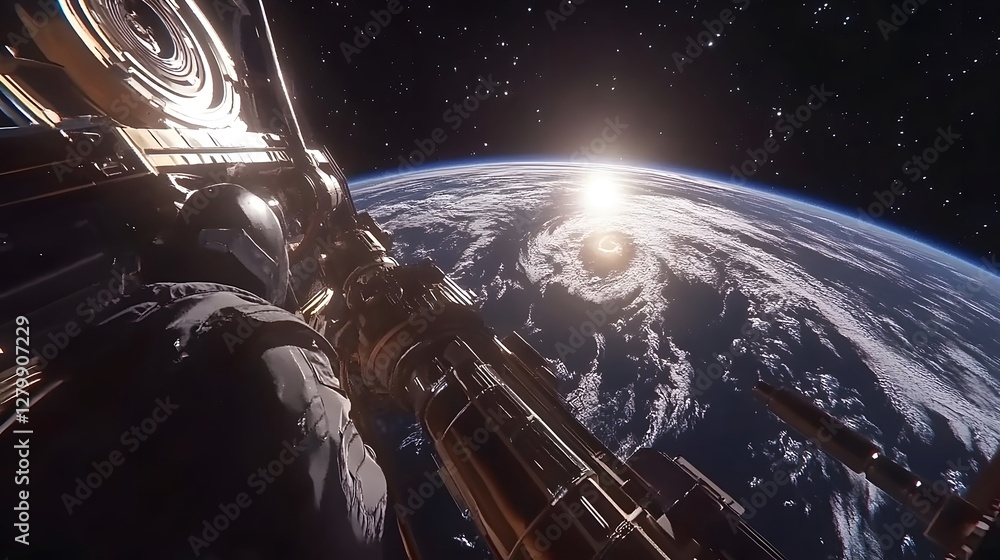 Poster stunning view of earth from a spaceship. sunrise illuminates swirling clouds below, while the spacec