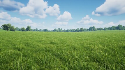 Obraz premium Lush green grass fields stretching under a vibrant blue sky filled with fluffy clouds, creating a serene and picturesque countryside scene on a sunny summer day