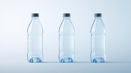 Naklejka premium Clear mineral water bottles displayed in three views, showcasing their sleek design and refreshing appearance. Perfect for hydration and outdoor activities