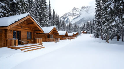 Cozy log cabins in snow covered winter resort surrounded by trees