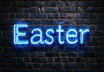 Obraz premium Glowing Blue Neon Easter Sign on Dark Brick Wall