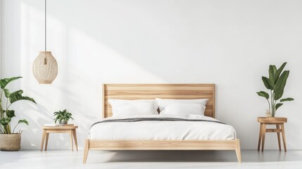 Scandinavian Wooden Bed Frame on White Background