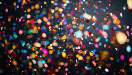 Colorful confetti falling against a dark background, vibrant celebration, festive decoration, joyful atmosphere, party theme, holiday spirit, cheerful design