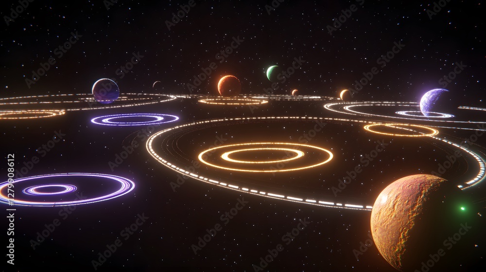 Poster stunning cosmic scene featuring multiple planets orbiting within glowing neon rings in deep space. a