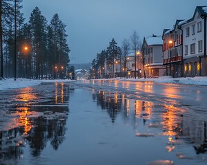 Fototapeta premium Snowy Evening Town Street Reflection