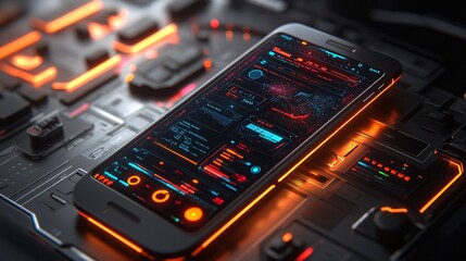 Futuristic Mobile Phone on a High-Tech Dashboard with Neon Lights