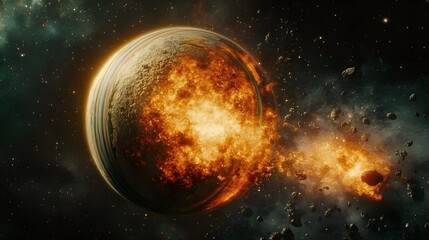 Naklejka premium A fiery cosmic event unfolds as a planet explodes in a spectacular display of destruction, surrounded by debris and stellar dust. The image showcases the raw power of space.
