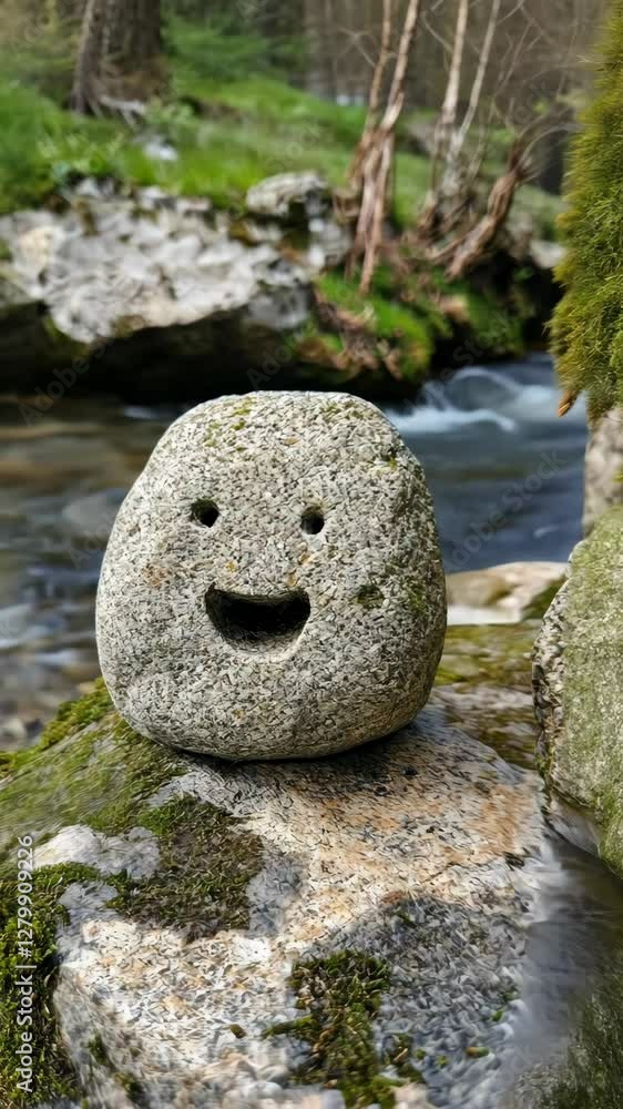Aufkleber smiling rock sits on mossy stone by a flowing stream in a serene forest setting