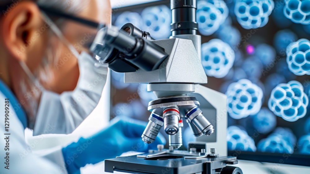 Poster A scientist in a lab coat and mask examines cellular structures through a microscope, with digital screens displaying colorful images of cells in the background.