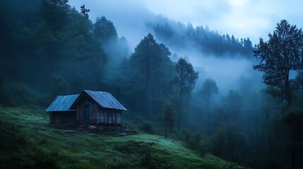 Misty Mountain Cabin Enveloped In Forest Trees