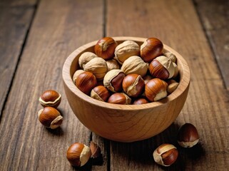 Obraz premium A small wooden bowl filled with hazelnuts, placed on a rustic wooden floor.