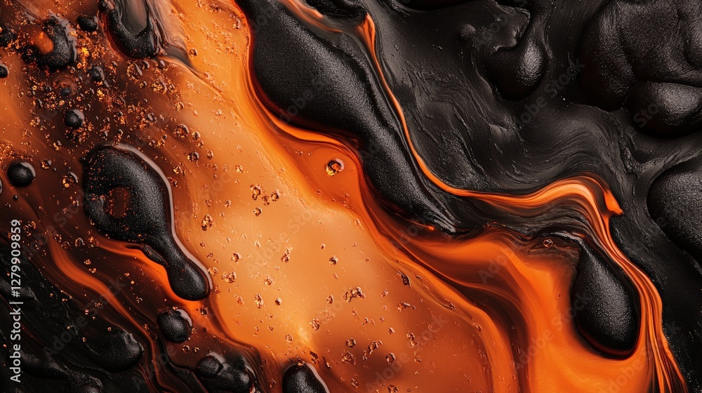 Poster fluid acrylic painting with orange and black colors mixing together, creating an abstract background
