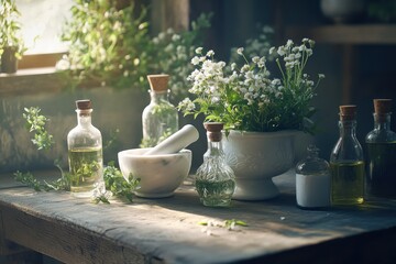 Herbal apothecary scene, rustic wooden table, glass bottles of essential oils, white mortar and
